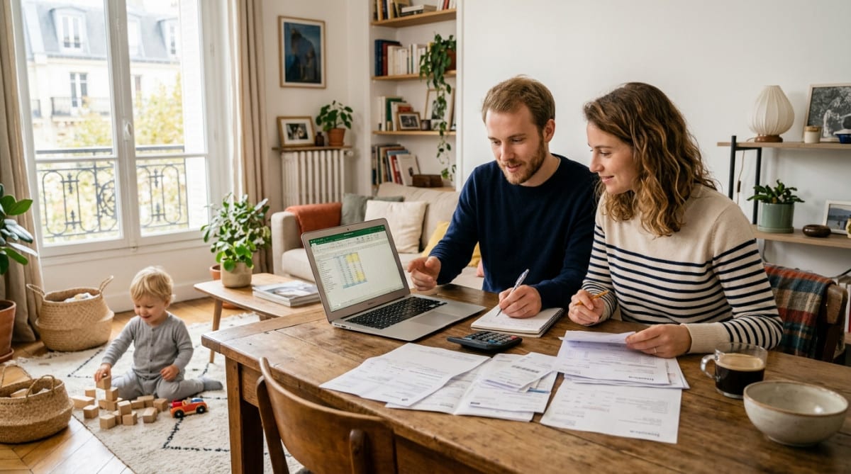 Couple calculant ses charges fixes dans le salon familial