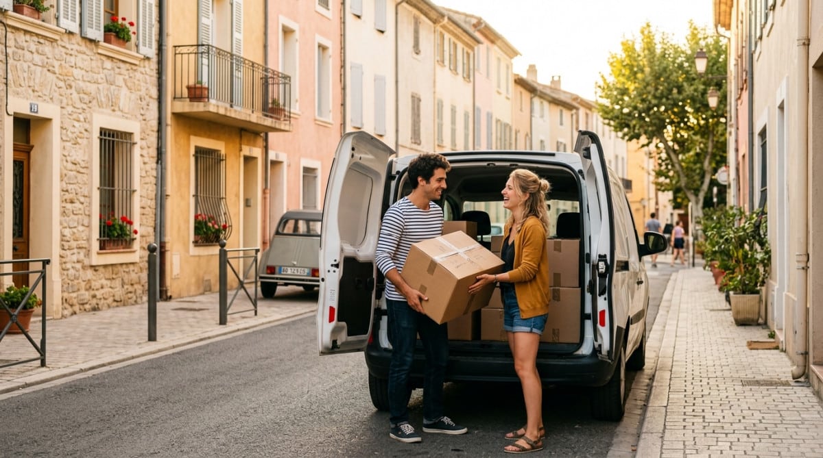 Couple chargeant des cartons de déménagement dans un camion