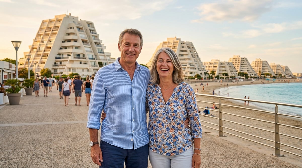 Couple devant des résidences balnéaires dans l'Hérault
