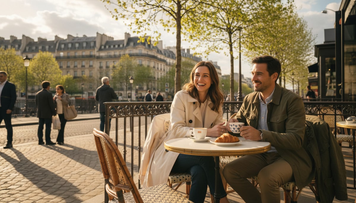 Couple en terrasse profitant d'une éclaircie samedi