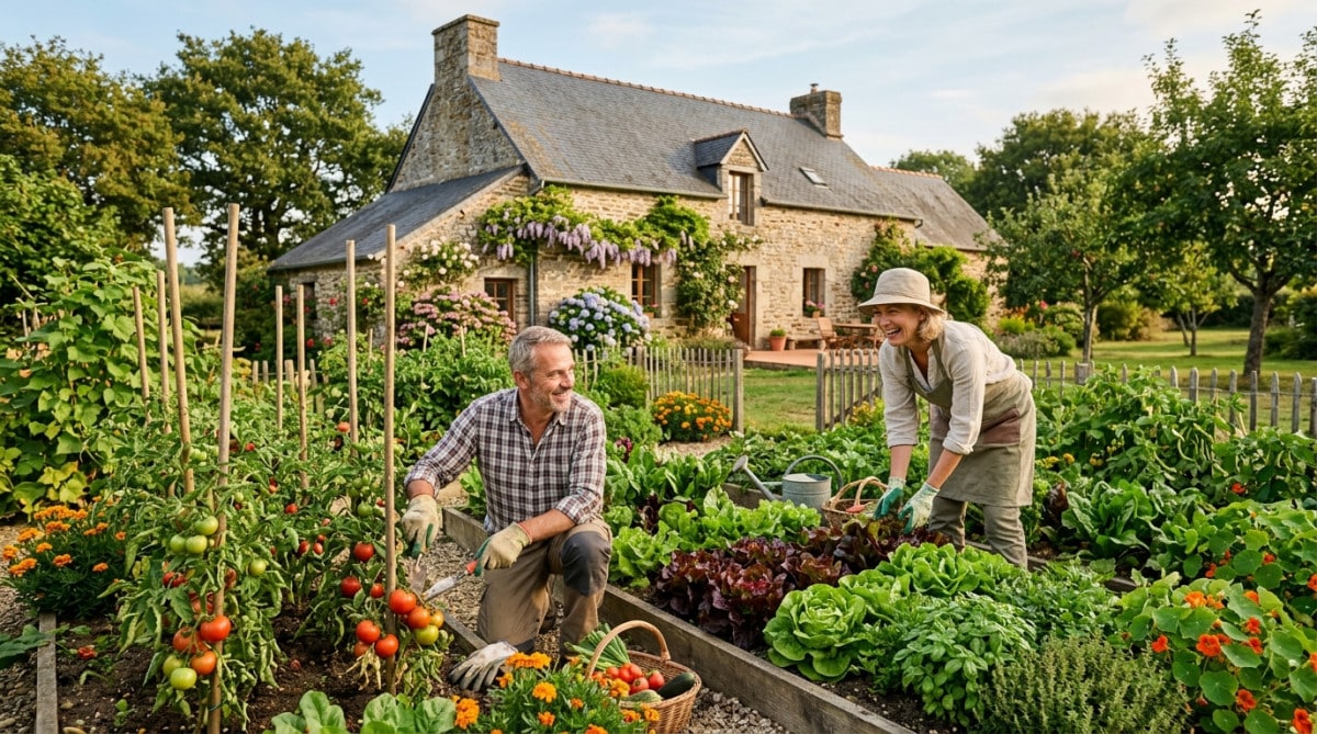 Couple jardinant dans un grand potager de l'Ouest français