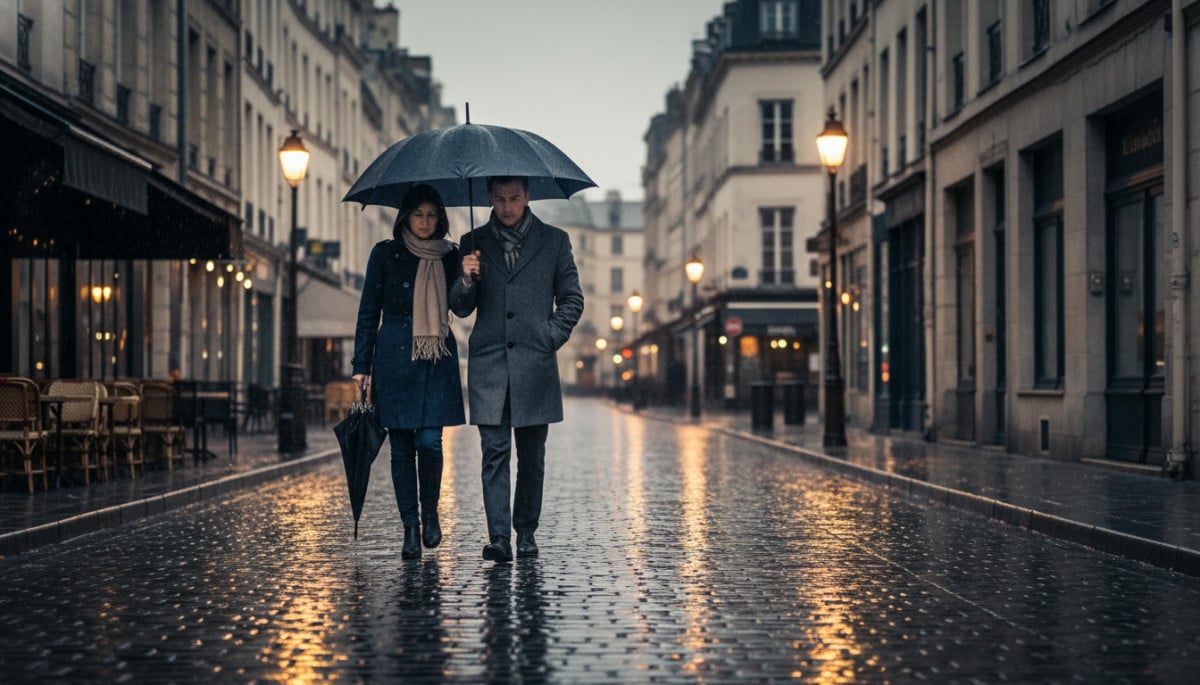 Couple sous parapluies dans une rue française pluvieuse