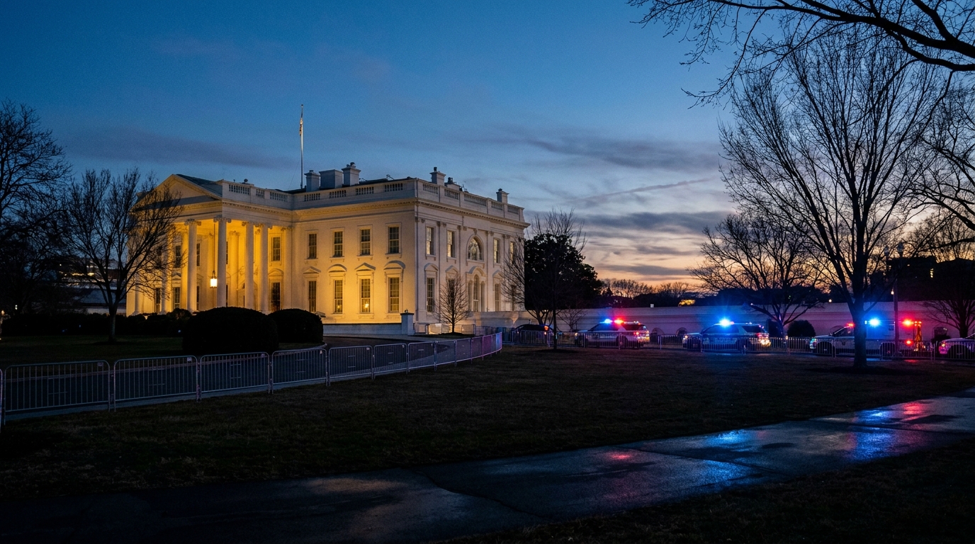 Barrières de sécurité et gyrophares devant la Maison Blanche au crépuscule