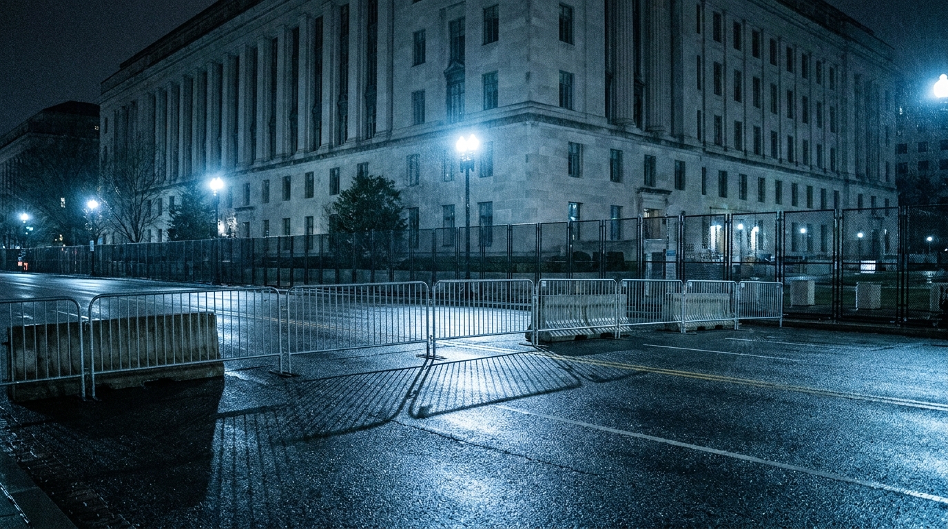 Point de contrôle de sécurité éclairé de nuit près d'un bâtiment officiel