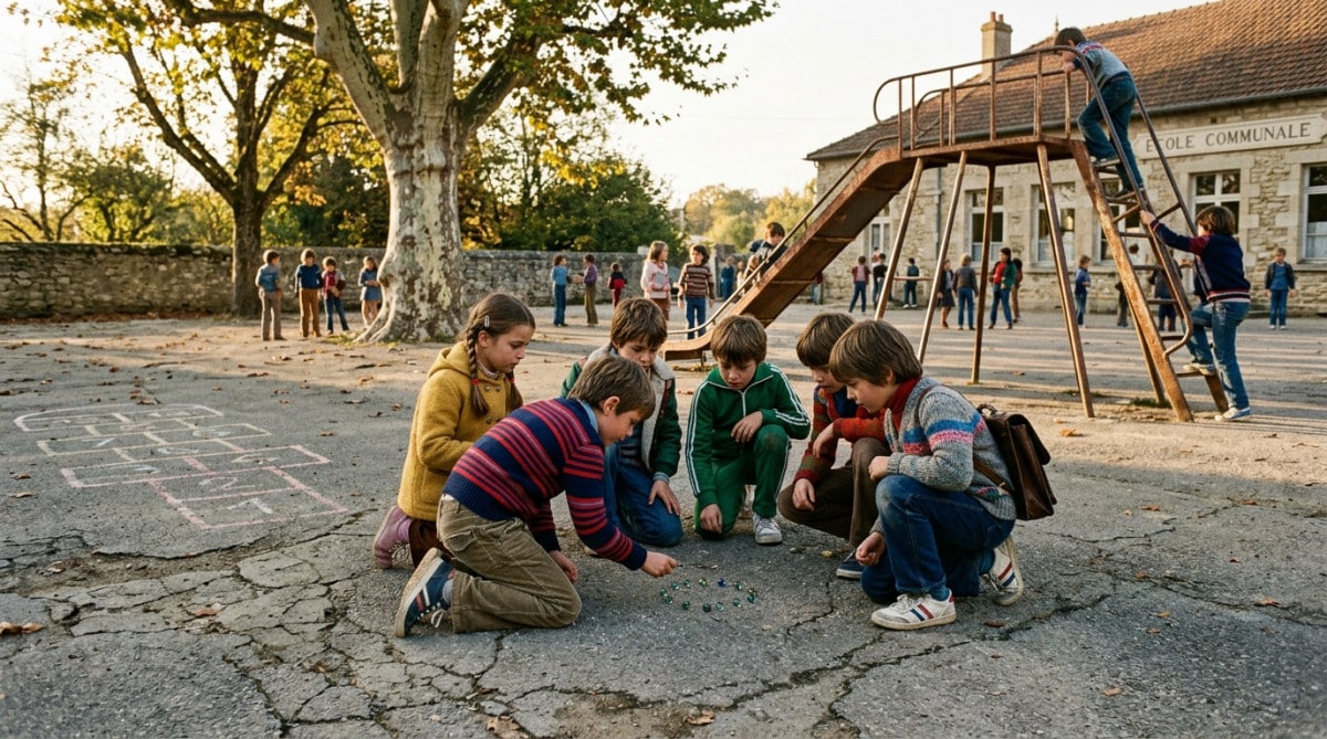 Cour de récréation française des années 1980 avec bitume et marelle à la craie