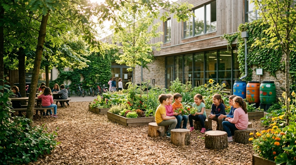 Cour d'école oasis végétalisée avec arbres et potager en 2026
