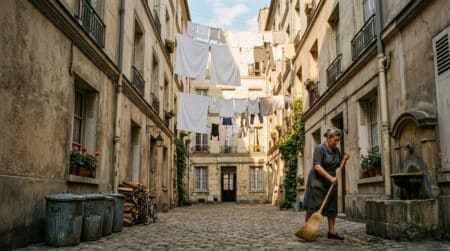 Cour d'immeuble parisienne des années 1950 avec concierge et linge séchant