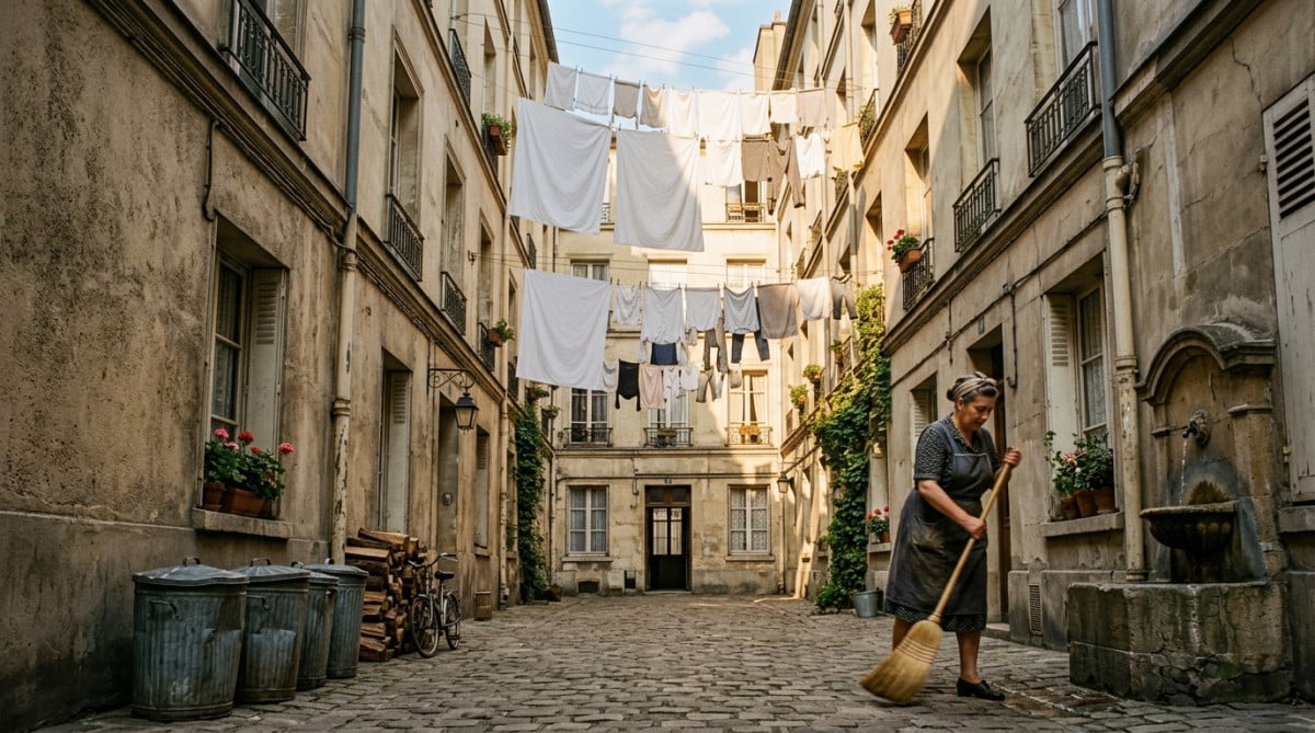 Cour d'immeuble parisienne des années 1950 avec concierge et linge séchant