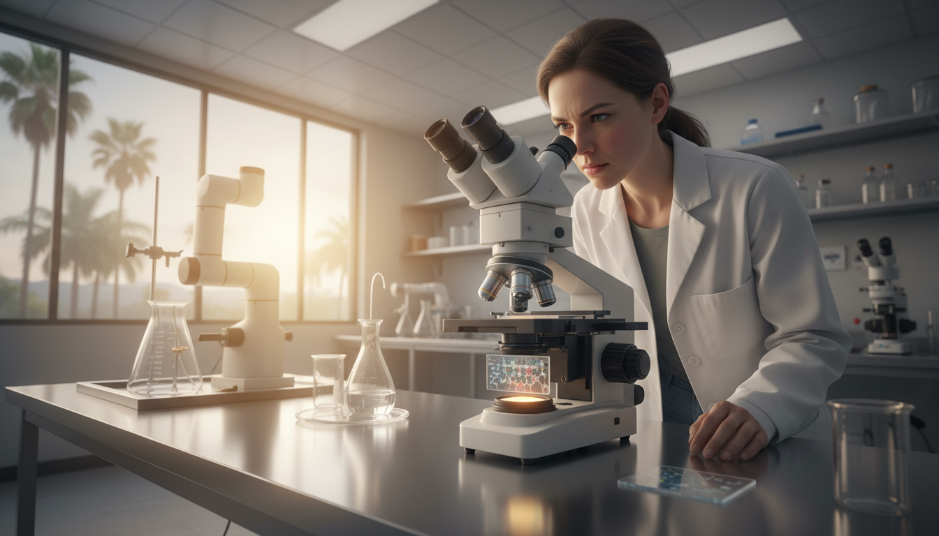 Scientifique observant un spermatozoïde au microscope en laboratoire