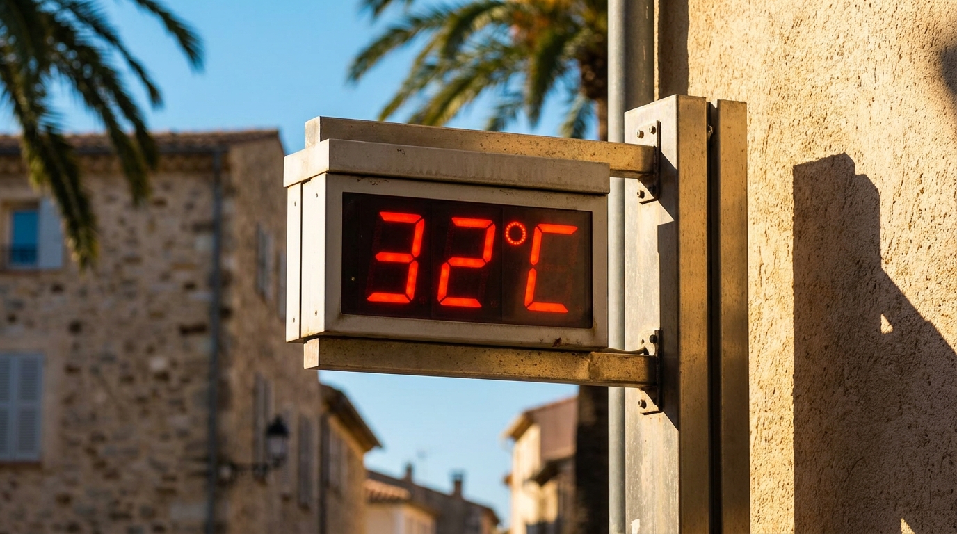 Thermomètre affichant 32 °C dans une ville côtière
