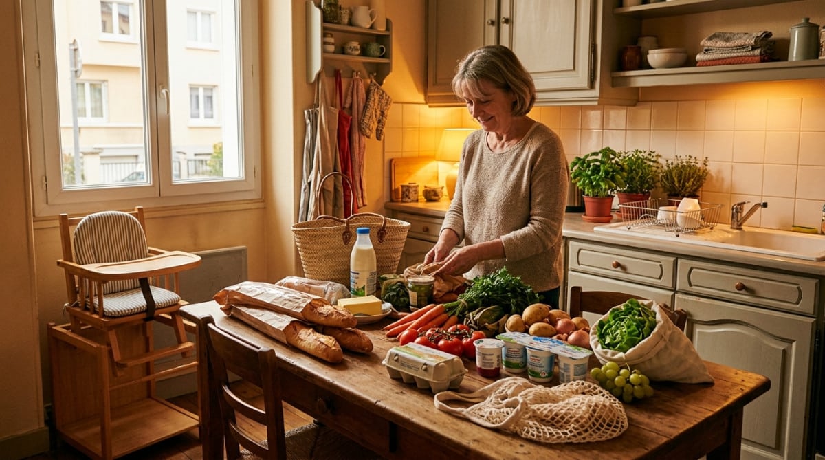 Courses alimentaires sur une table de cuisine familiale