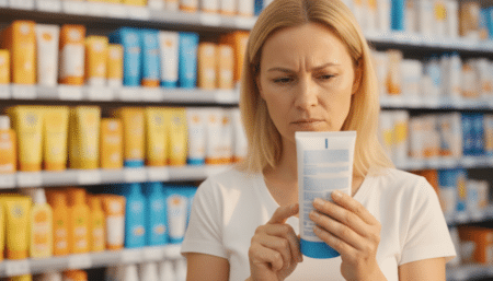 Femme lisant l'étiquette d'une crème solaire en supermarché