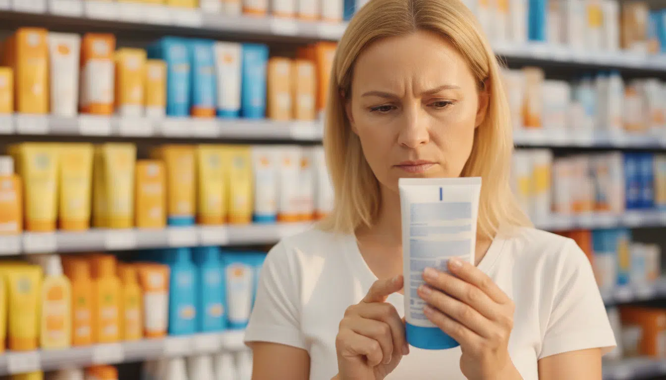 Femme lisant l'étiquette d'une crème solaire en supermarché