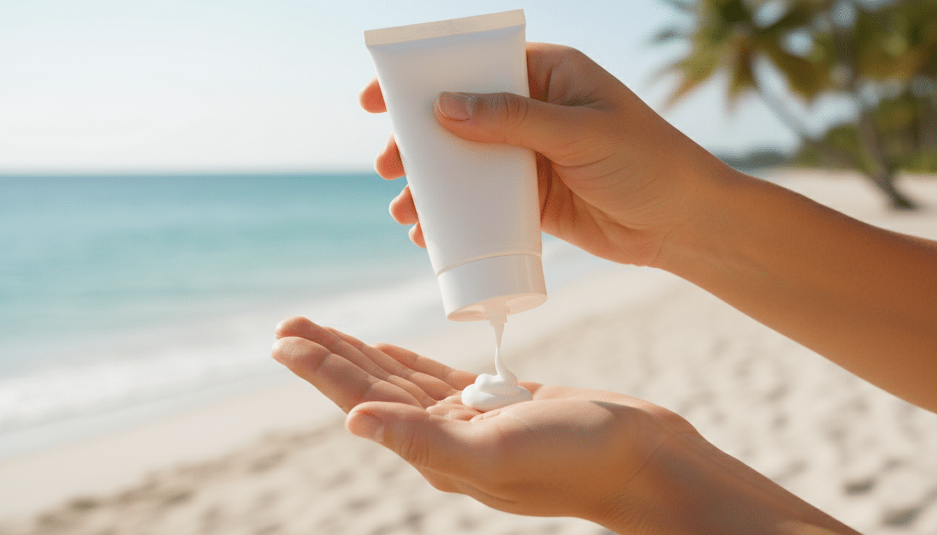 Application de crème solaire sur les mains en été