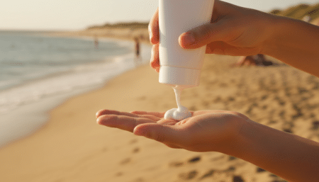 Application de crème solaire sur la main à la plage