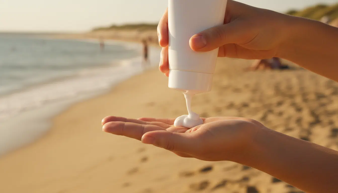 Application de crème solaire sur la main à la plage