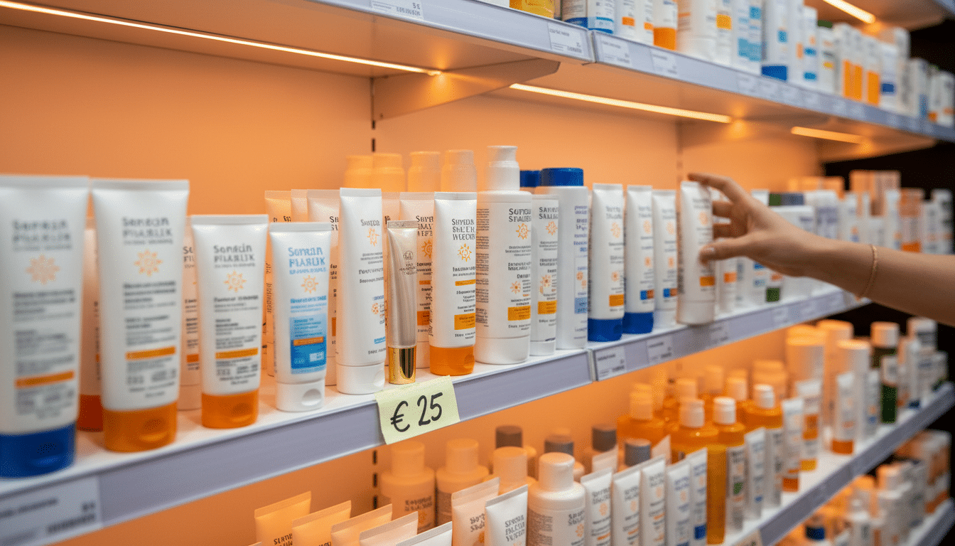 Rayon de crèmes solaires en parapharmacie avec étiquettes de prix