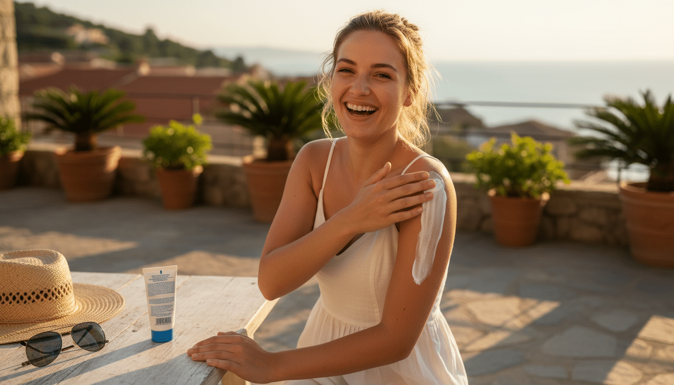 Femme appliquant généreusement de la crème solaire en terrasse