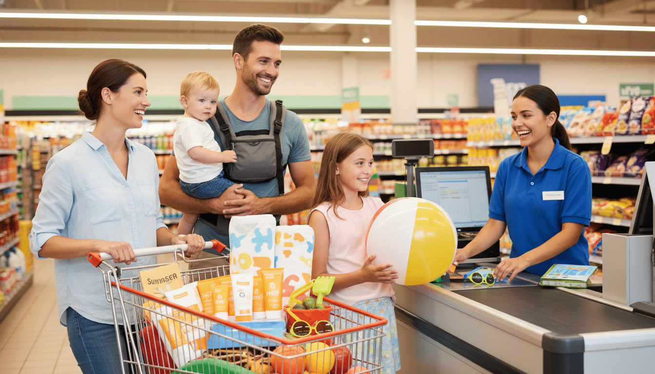 Famille achetant des crèmes solaires chez Lidl