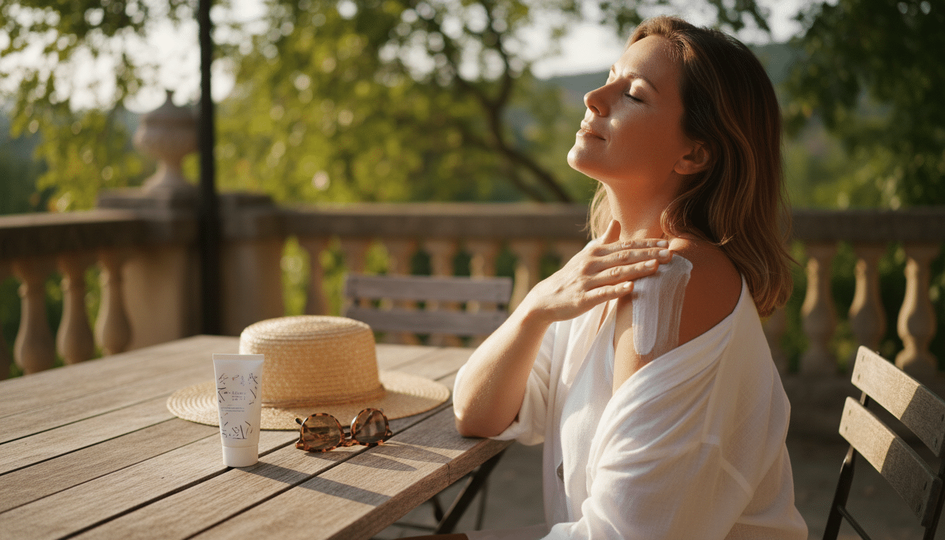 Femme appliquant une crème solaire abordable sur sa terrasse