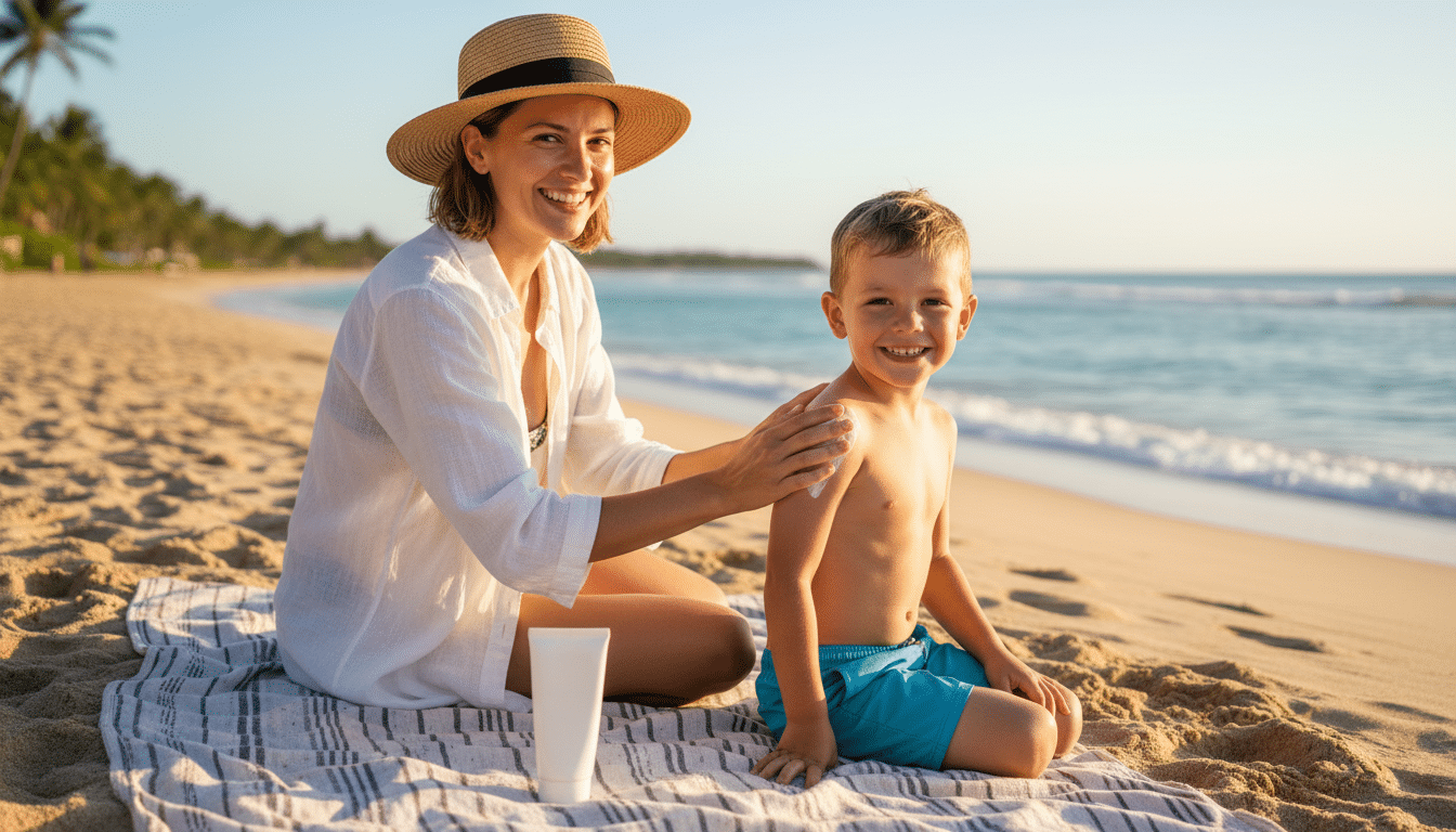 Mère appliquant de la crème solaire à son enfant sur la plage