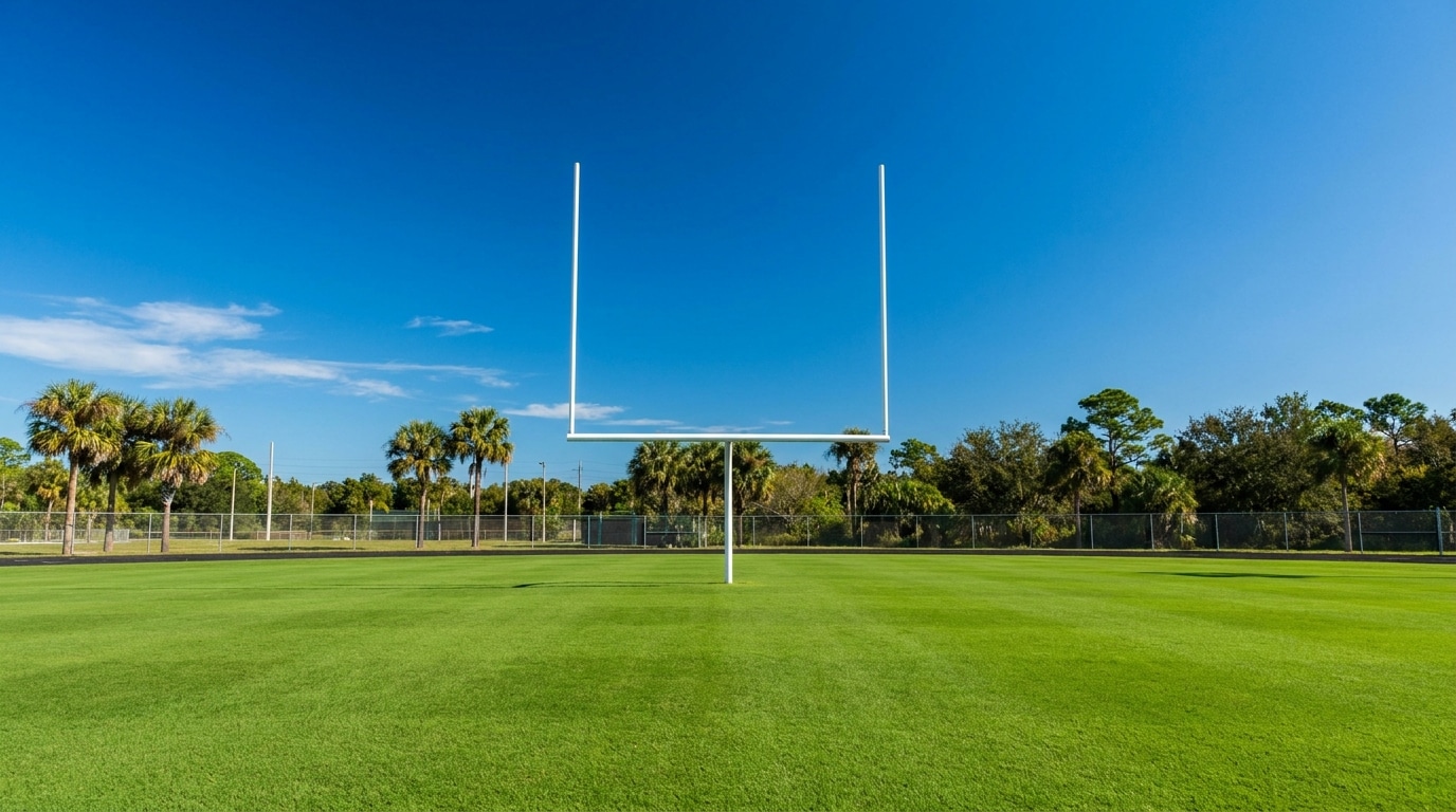 Terrain de football vide sous le soleil de Floride avec palmiers et ciel bleu