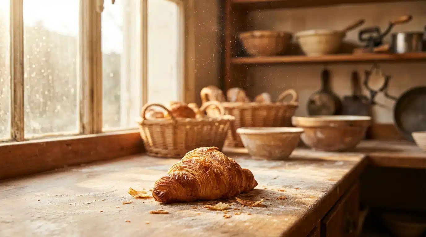 Croissant doré au beurre sur comptoir de boulangerie artisanale