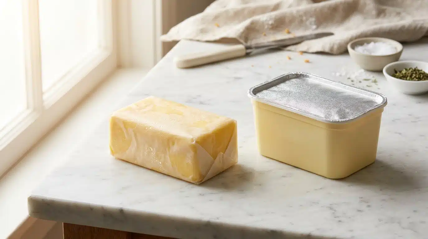 Bloc de beurre frais à côté d'une barquette de margarine