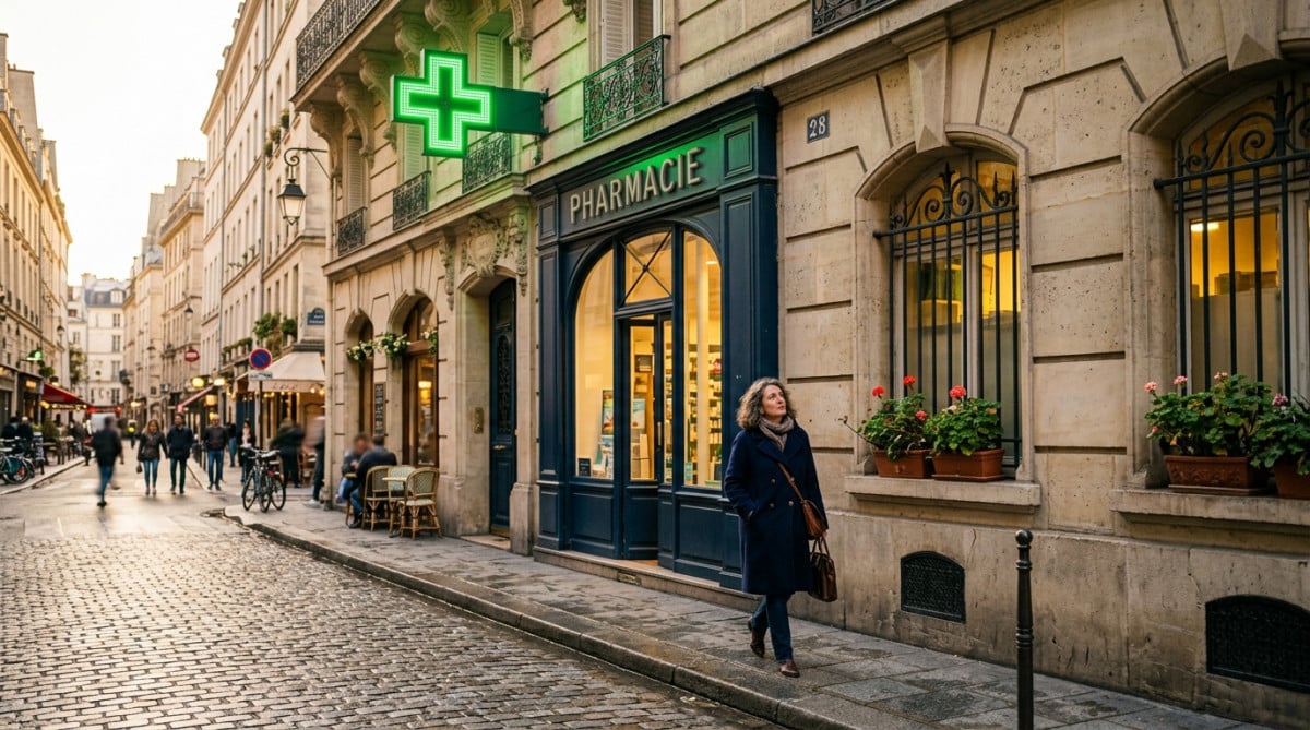 Croix verte clignotante sur la façade d'une pharmacie française