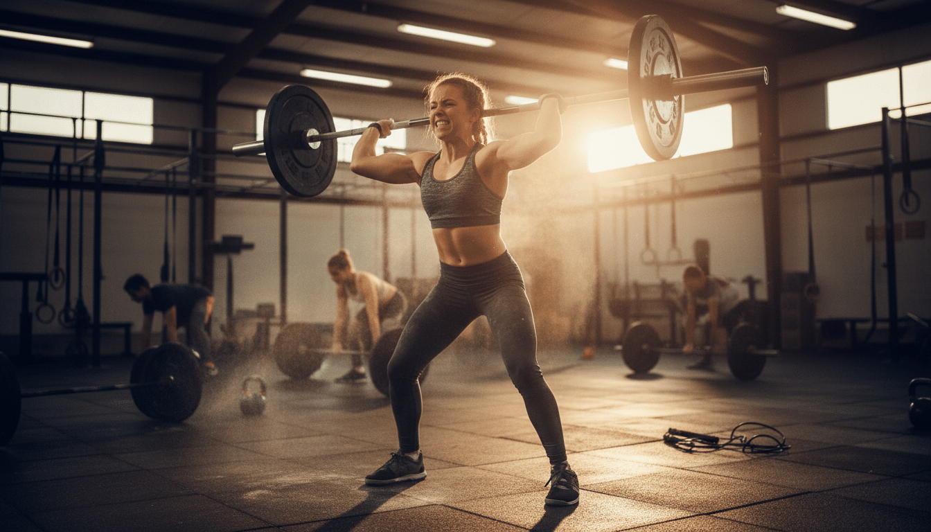 Jeune athlète de crossfit soulevant une barre en salle