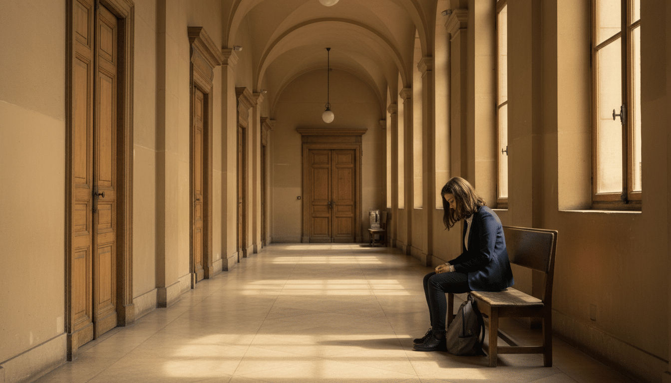Adolescente assise seule dans un couloir de tribunal
