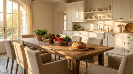 Table d'hôte en bois dans une cuisine lumineuse