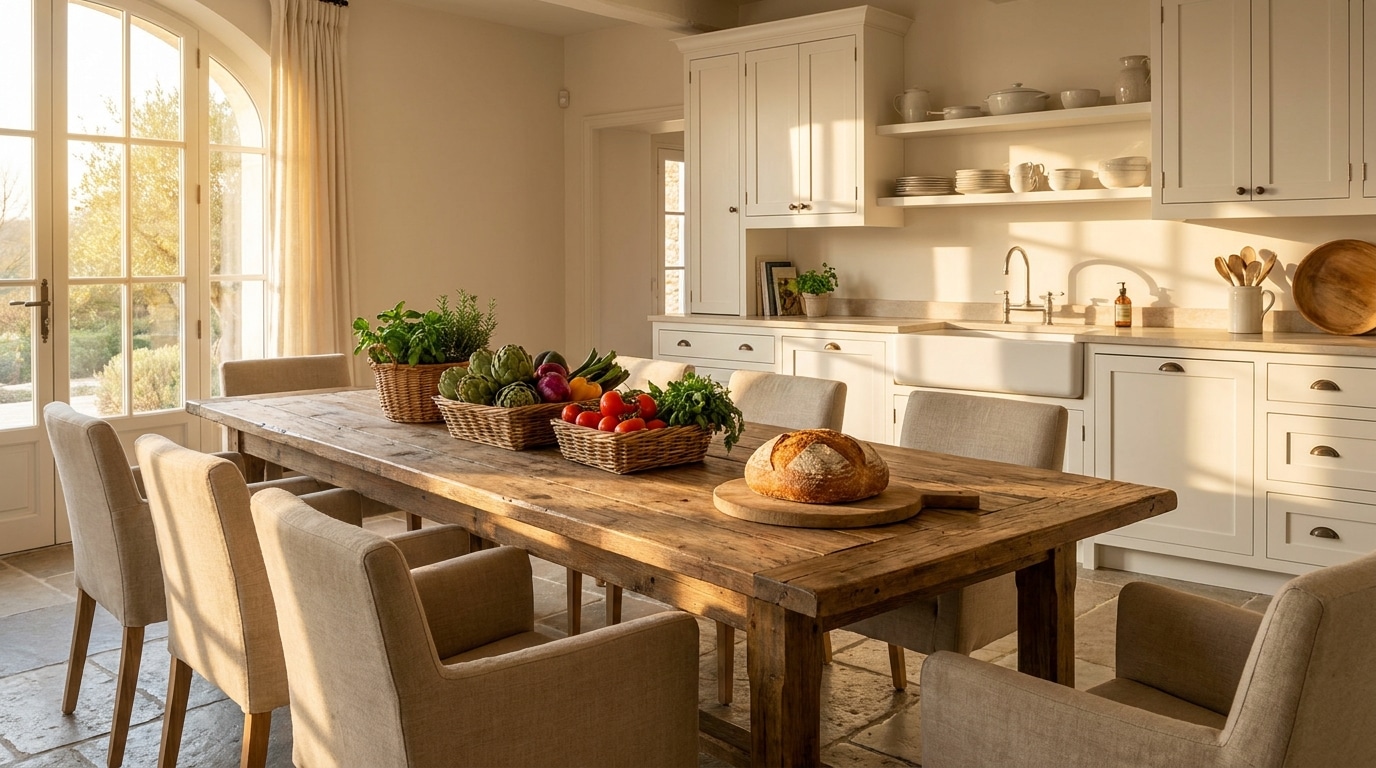 Table d'hôte en bois dans une cuisine lumineuse