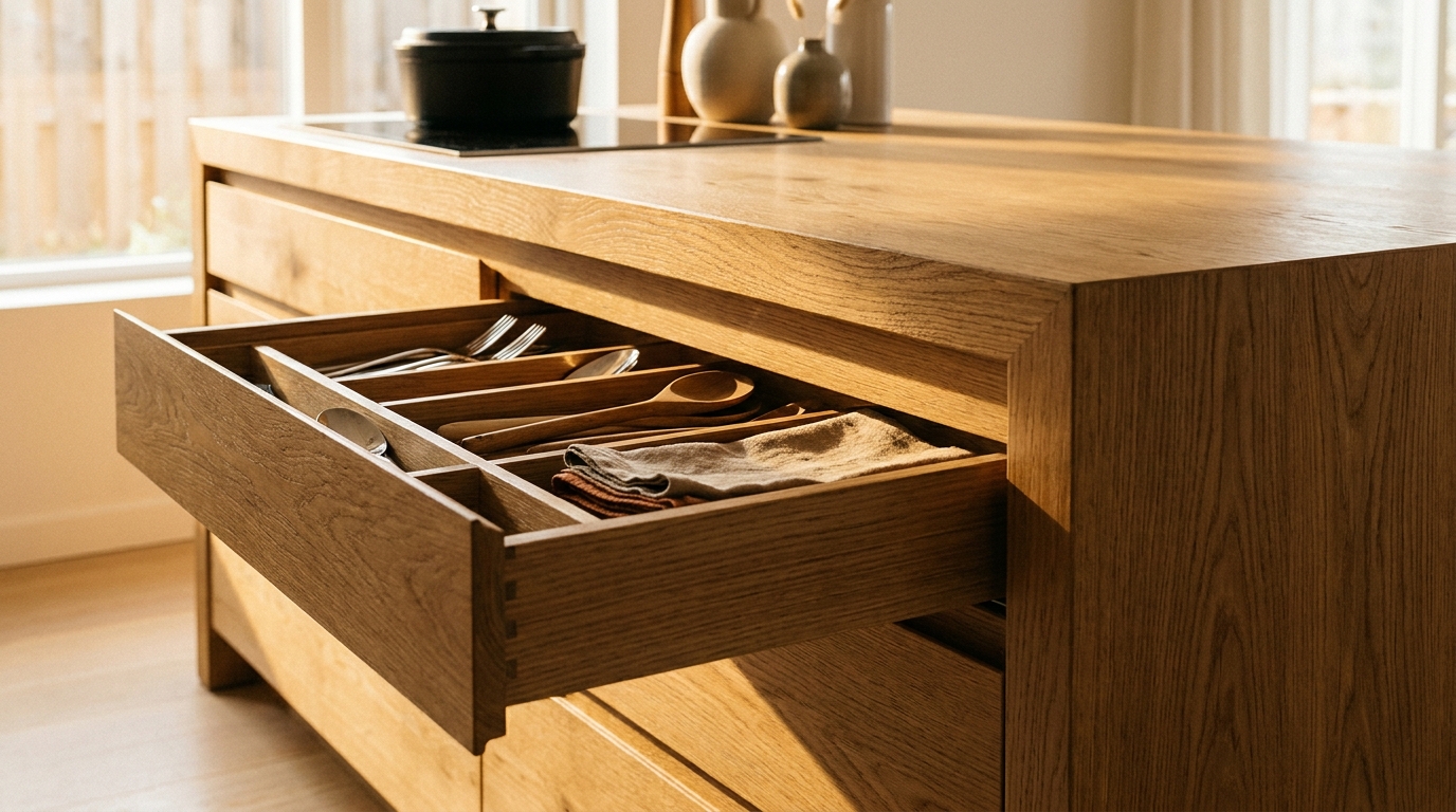 Tiroirs cachés sous un plateau de table en chêne