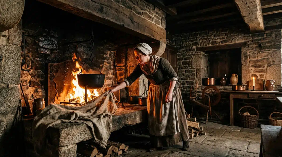 Cuisine française du XVIIIe siècle avec cheminée ouverte et linge près du feu
