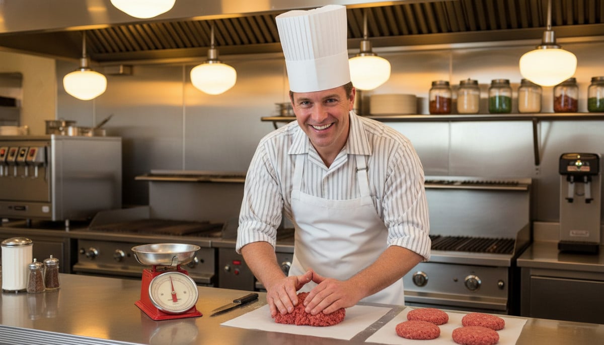 Cuisinier années 50 pesant des steaks hachés sur balance vintage