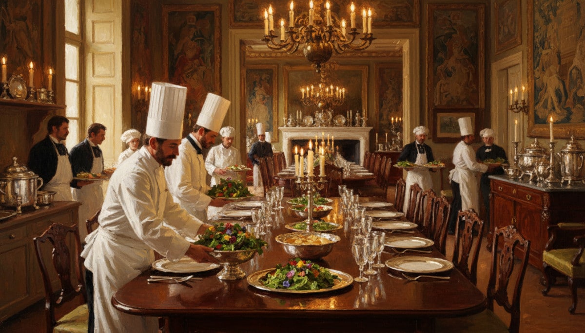 Cuisinier français du XIXe siècle préparant la salade en fin de repas