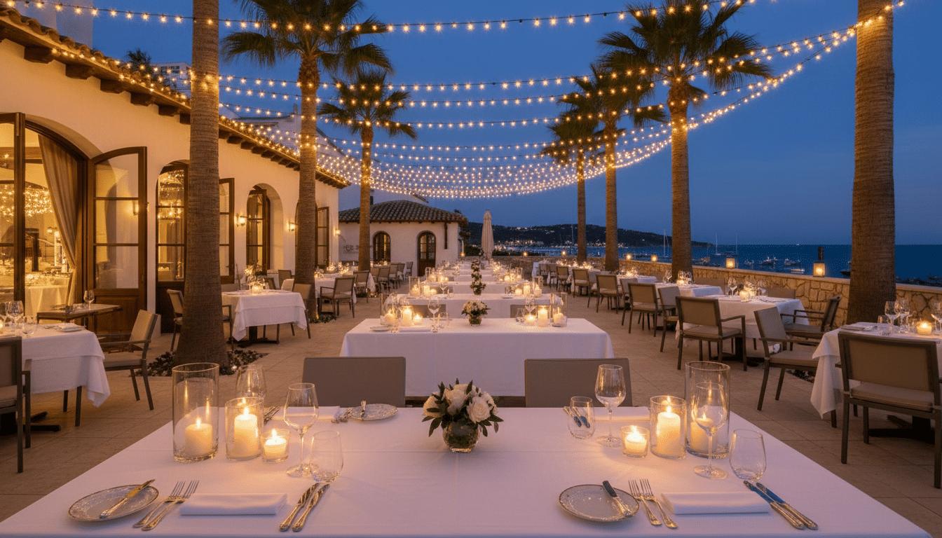 Terrasse de restaurant méditerranéen luxueux à Marbella la nuit