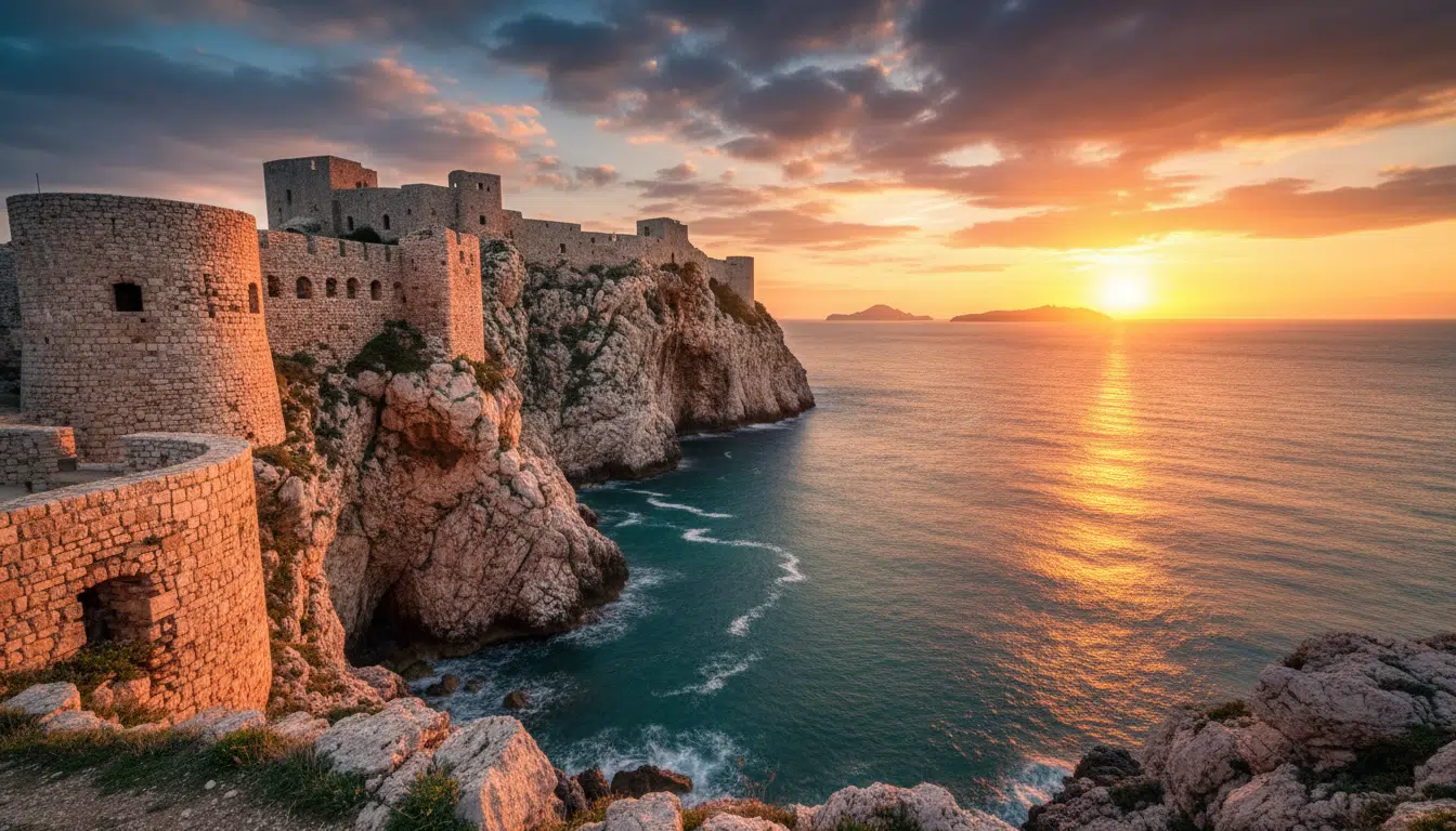 Fort en pierre au bord de la mer sous un coucher de soleil doré