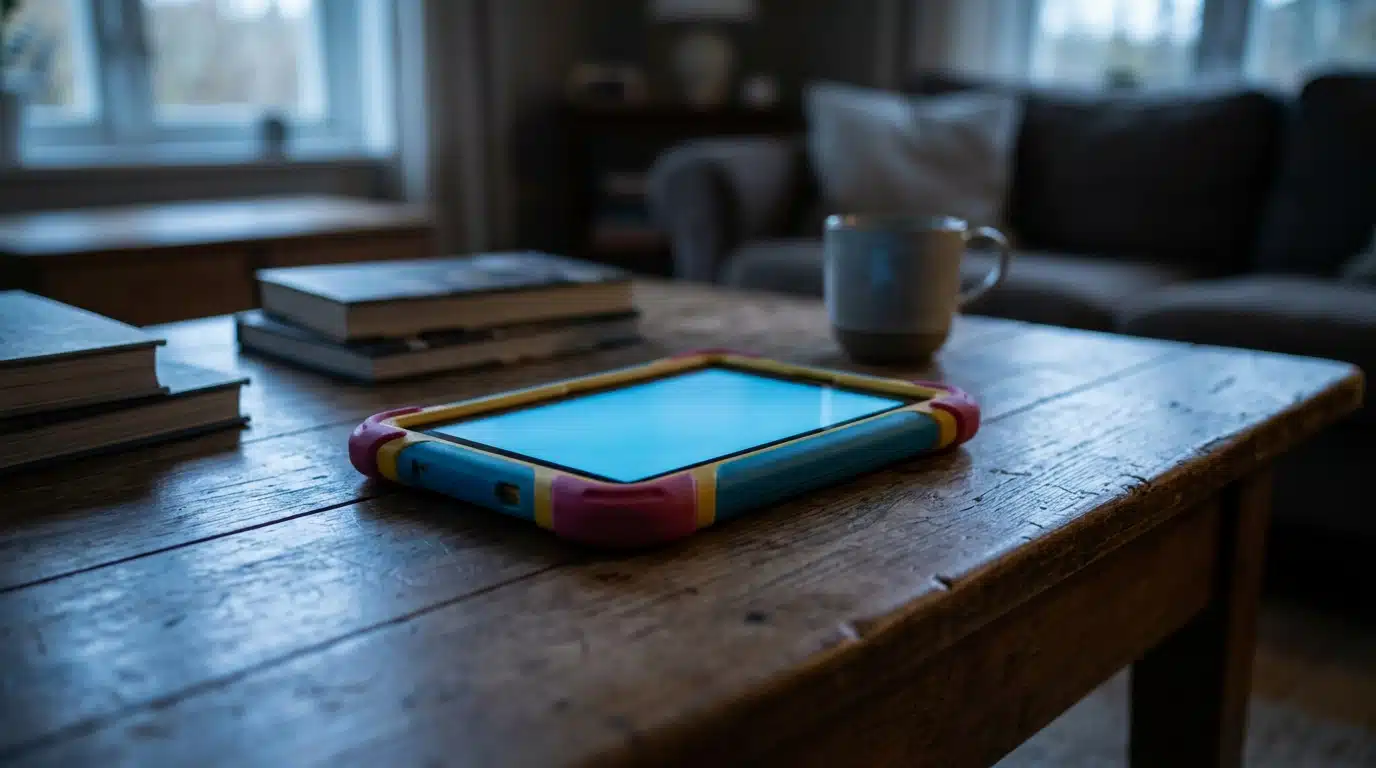 Tablette numérique d'enfant posée sur une table en bois dans une pièce tamisée