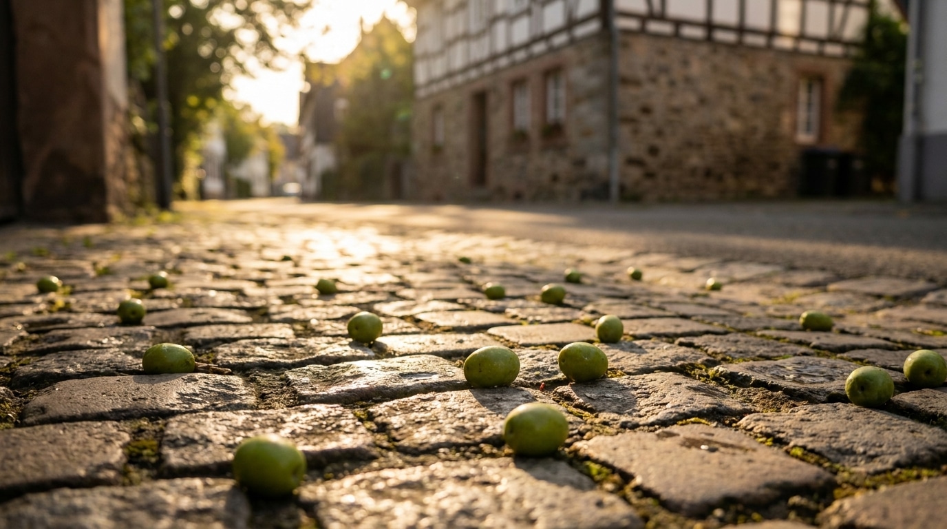 Olives vertes dispersées sur un trottoir pavé allemand