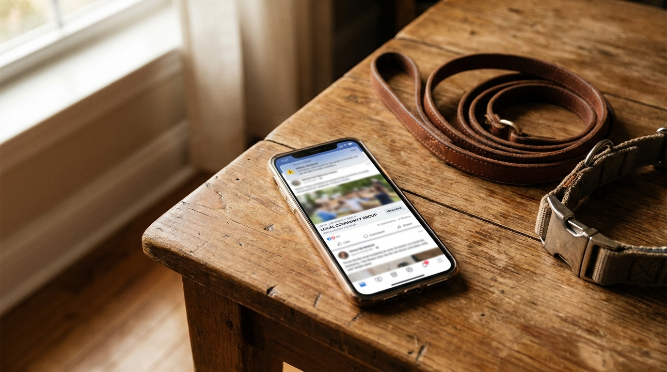 Smartphone posé près d'une laisse de chien sur une table