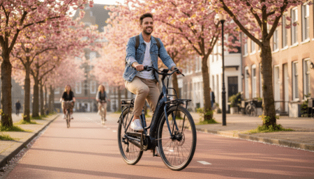 Cycliste sur un vélo électrique bleu marine en ville