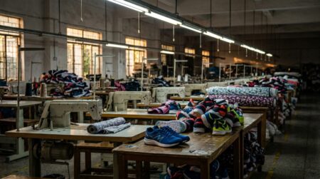 Usine textile asiatique avec chaussures de sport sur tables