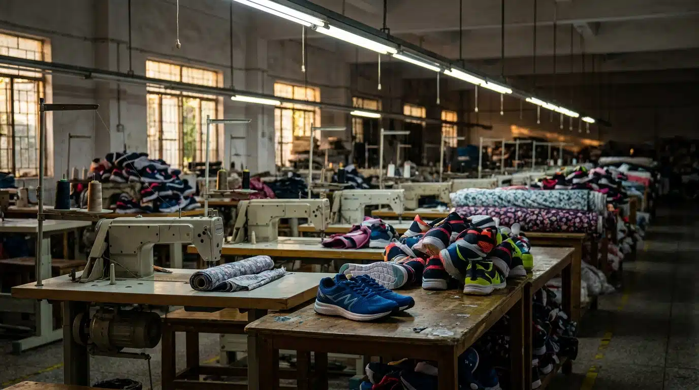 Usine textile asiatique avec chaussures de sport sur tables