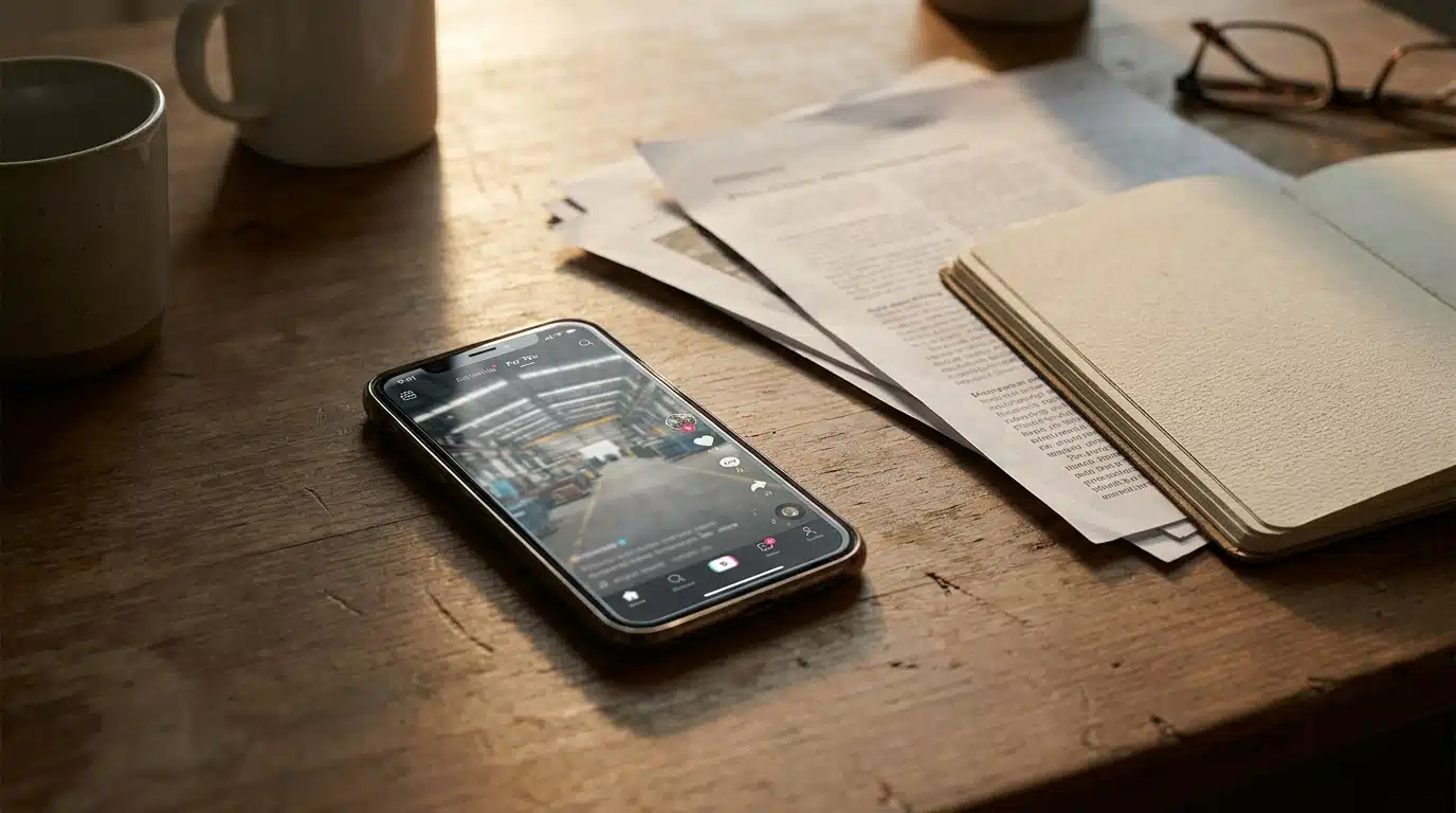 Smartphone affichant une vidéo d'usine à côté de documents