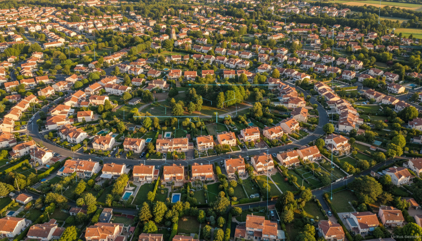 Vue aérienne d'un quartier résidentiel français surveillé par satellite