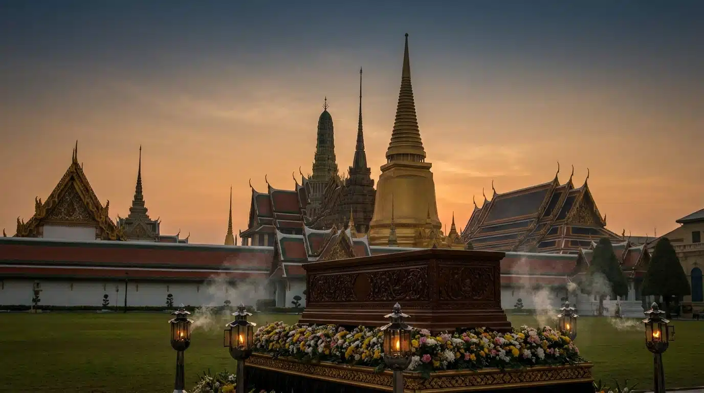 Cercueil en bois dans un temple bouddhiste thaïlandais au crépuscule
