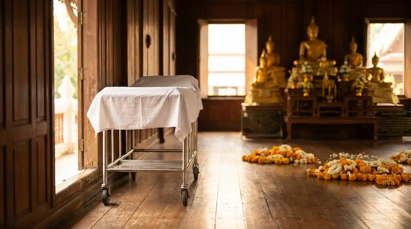 Brancard médical près de l'entrée d'un temple doré en Thaïlande
