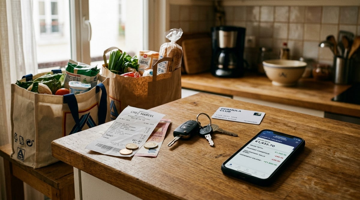 Dépenses mensuelles courantes posées sur un plan de travail de cuisine
